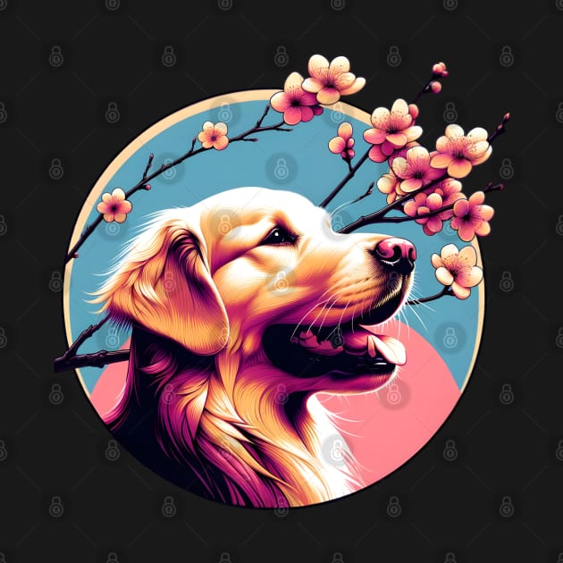 Joyful Golden Retriever with Spring Cherry Blossoms by ArtRUs