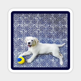 Joyful Pup – Playful Dog in Hmong Tribal Harmony Magnet