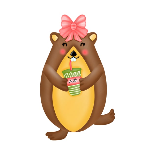 Cute groundhog drinking milk. by Onanong art design shop.