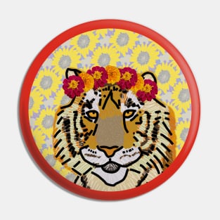 Marigold Floral Tiger Portrait Pin