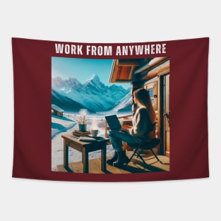 Work From Anywhere - Woman in Mountains and Snow Tapestry