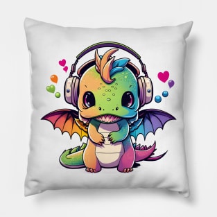 Baby Dragon Wearing Headphones Pillow