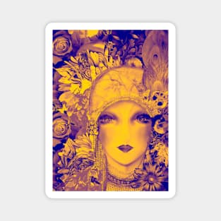 MUSTARD INDIGO FLORAL ART DECO FLAPPER , COLLAGE POSTER PRINT Magnet