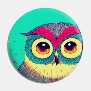 Colorful Owl Portrait Illustration - Bright Vibrant Colors Bohemian Style Feathers Psychedelic Bird Animal Rainbow Colored Art Pin