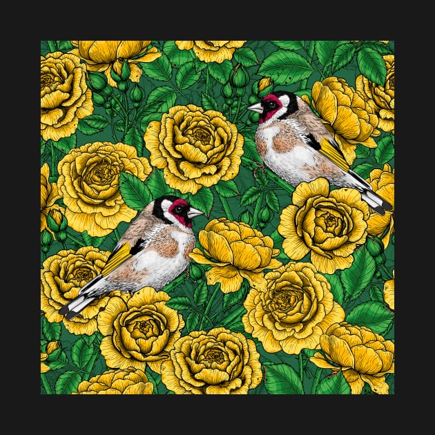 Yellow Rose flowers and goldfinch birds by katerinamk