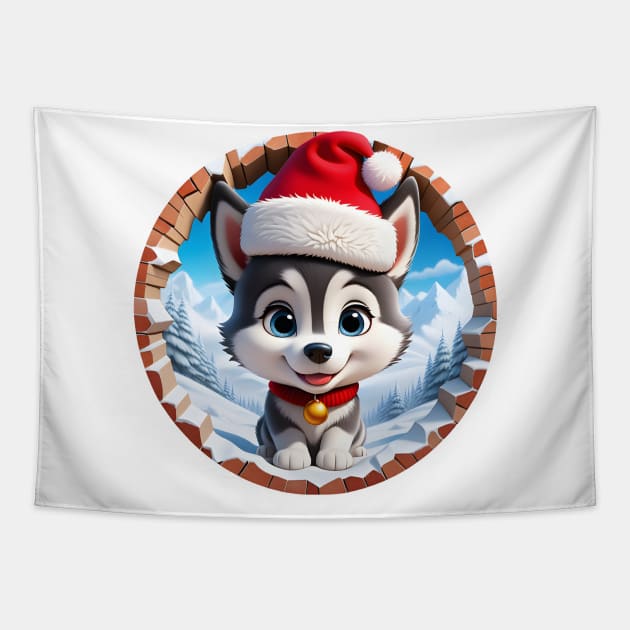 The Cute Christmas Dog Wearing Santa Hat Peeking Through The Hole In The Wall Tapestry by HappyDigitalPOD