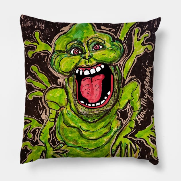 Slimer The Mean Green Ghost Pillow by TheArtQueenOfMichigan 