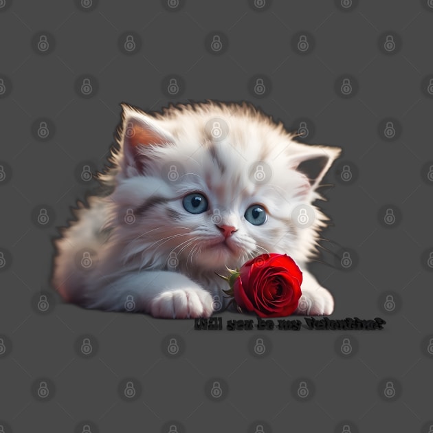 White kitty Valentine with red rose. AI generated image by Khala