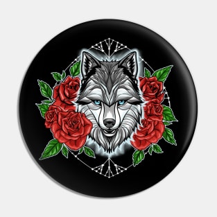 Wolf and red rose Pin