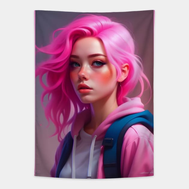 The Girl with Pink Hair Tapestry by Evgeniya