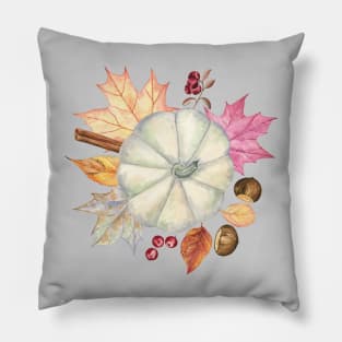 White Pumpkin and Autumn Leaves Pillow