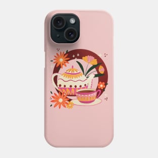 Pink and orange retro teapot and cup and flowers Phone Case