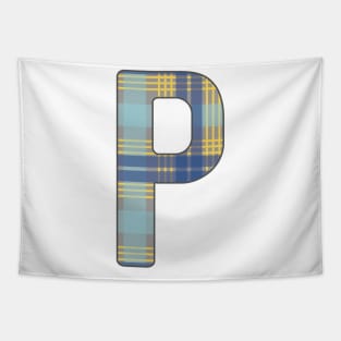 Monogram Letter P, Blue, Yellow and Grey Scottish Tartan Style Typography Design Tapestry