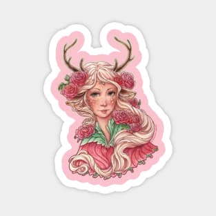 Fairy Deer Girl with Pink Flowers Magnet