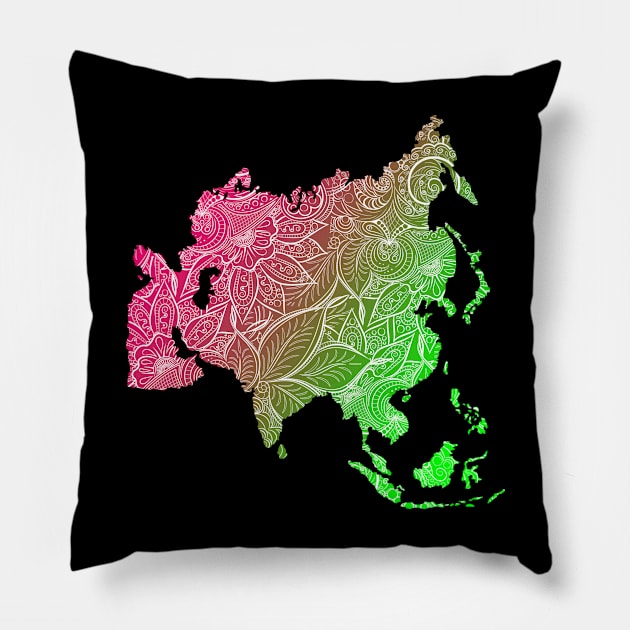 Colorful mandala art map of Asia with text in pink and green Pillow by Happy Citizen