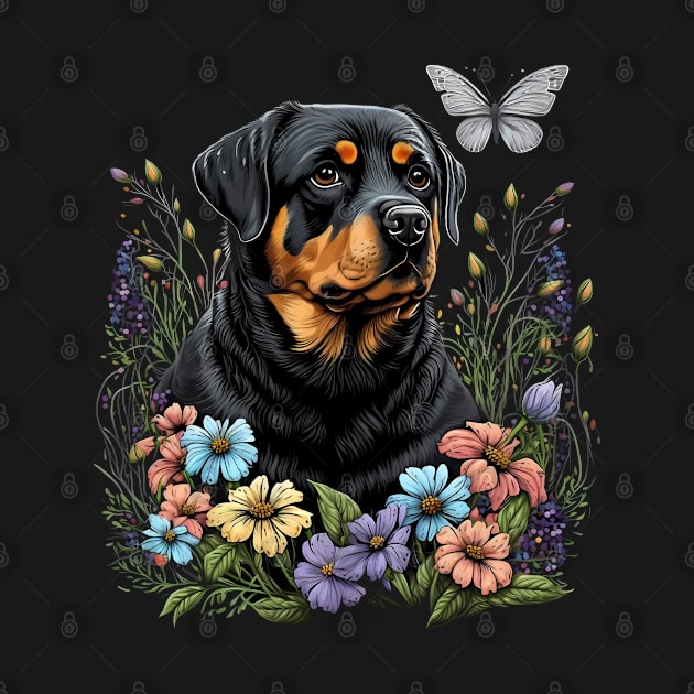 Rottweiler and Butterfly in the Spring Garden Floral Black by Sports Stars ⭐⭐⭐⭐⭐