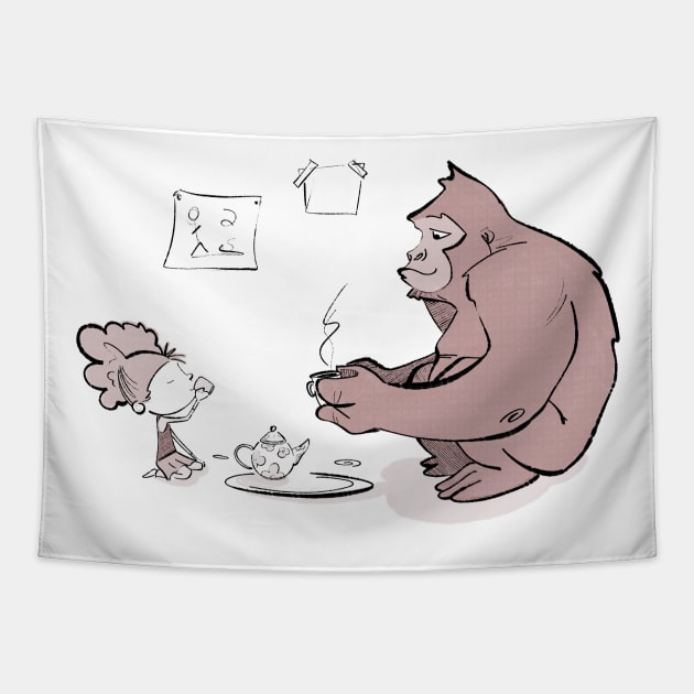 Gorilla tea party Tapestry by Jason's Doodles