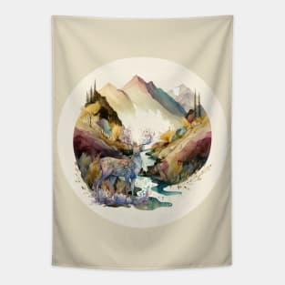 Fantasy Deer Magical Mountains Landscape Tapestry