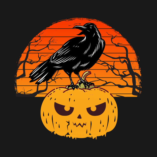 Retro sunset black crow or black raven with pumpkin by Tall One Apparel