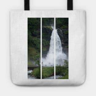 Wonderful landscapes in Norway. Vestland. Beautiful scenery of  Steinsdalsfossen waterfall from the Fosselva river. Mountains, trees in background. Rainy day (vertical) Tote