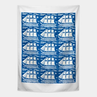 Sailing Ships & Sun Pattern On Blue Tapestry