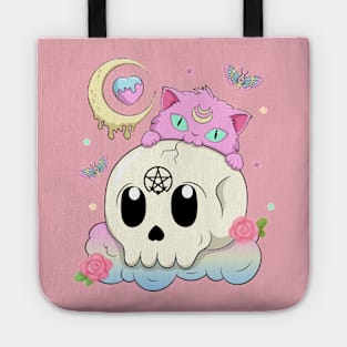 Creepy Kawaii Kitty with Skull Pastel Goth Tote