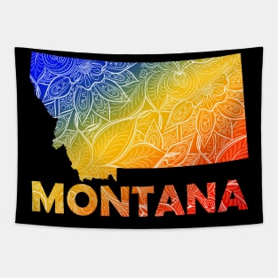 Colorful mandala art map of Montana with text in blue, yellow, and red Tapestry