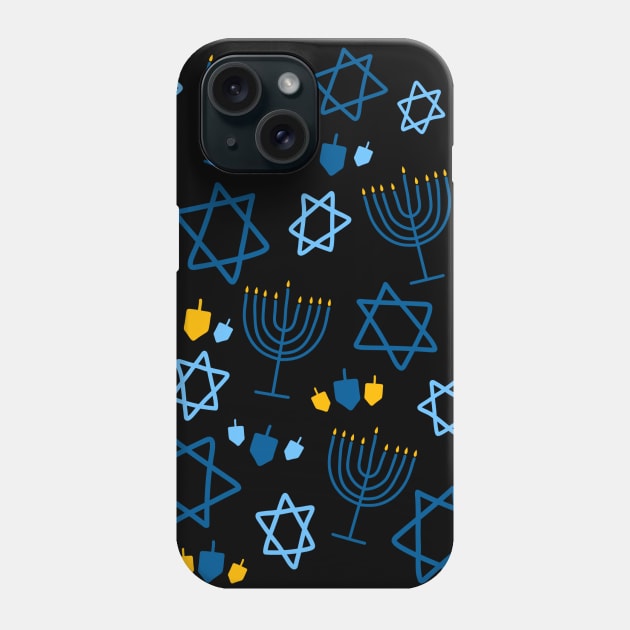 Hanukkah Stars, Menorahs, and Dreidels Doodle Pattern on a Black Background, made by EndlessEmporium Phone Case by EndlessEmporium