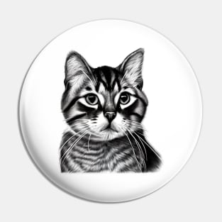 Pensive Black and White Drawing of a Cat Pin