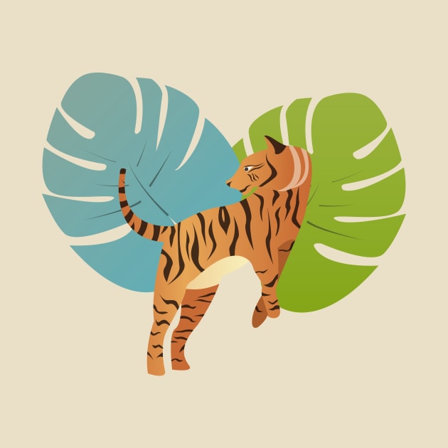 Tiger with jungle leaves background by JDP Designs