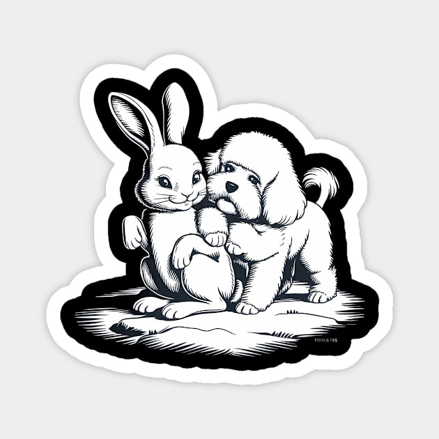 Black and White Illustration of a Rabbit and a Puppy Sitting Close Together Magnet by animegirlnft