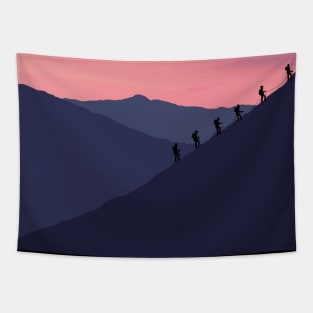 Sunset Mountains landscape, climber, mountaineering, nature colorful, blue, pinkl, nature lovers Tapestry