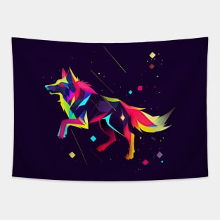 Geometric wolf jumping among the stars Tapestry