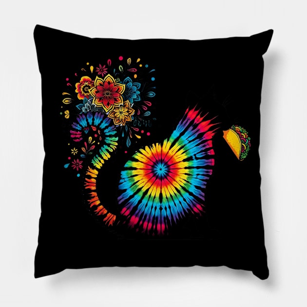 Tie Dye Black Cat Eating Tacos Pillow by VisionDesigner