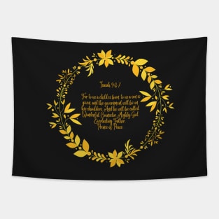 For Unto Us a Child is Born - Bible Verse Gold Lettering - Christian Christmas Design Tapestry