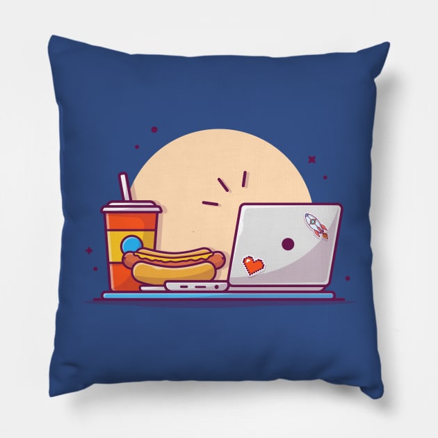 Tasty Hotdog with Mustard, Soda and Online Laptop Cartoon Vector Icon Illustration Pillow by Catalyst Labs