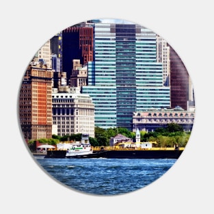 Manhattan NY - Tugboat Pushing Barge Near Manhattan Skyline Pin