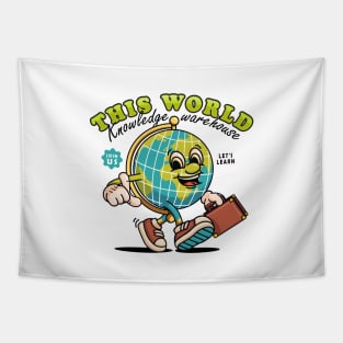 World knowledge storehouse, cute cartoon character walking Globe Tapestry