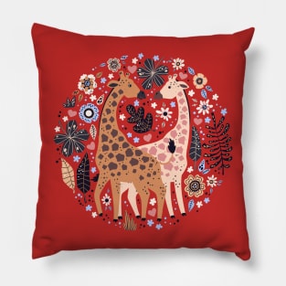 giraffe couple tropical plants hand drawn Pillow