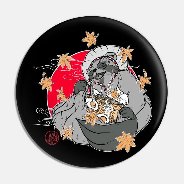 Tanuki and Japanese ramen Pin by Ukiyograph