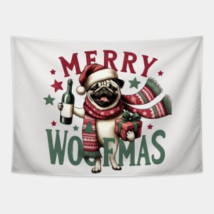 Merry Woofmas Funny Vintage Pug Christmas Tapestry