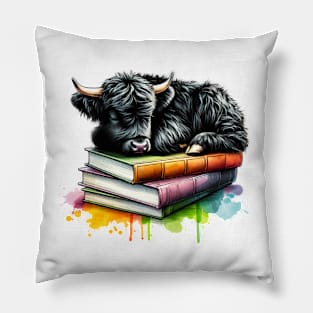 Watercolor Black Highland Cow And Books Pillow