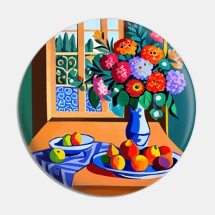 Still Life Painting with Colorful Flowers in a Blue Vase Pin