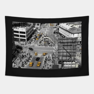 Black and white photograph of a busy Manhattan intersection in the Meatpacking District, with highlighted yellow cabs Tapestry