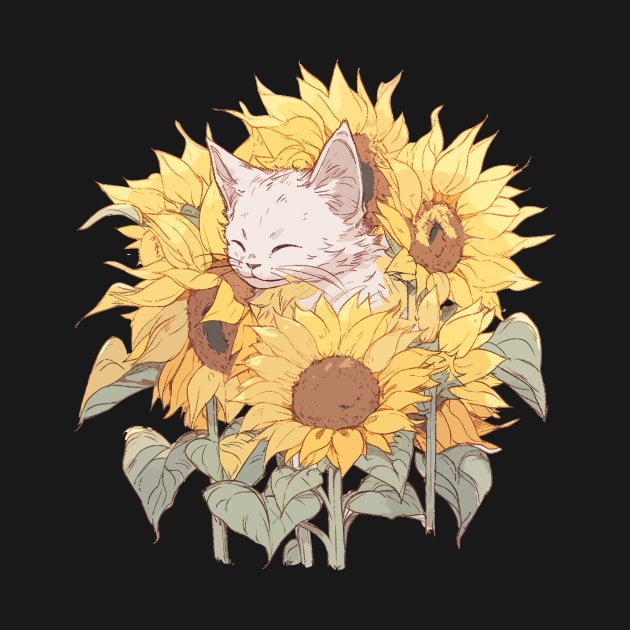 Kitten cat asleep in sunflowers ...awww! by Purple Dewdrop Designs