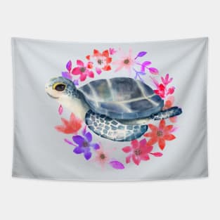 Watercolor Cute Floral Sea Turtle . Tapestry