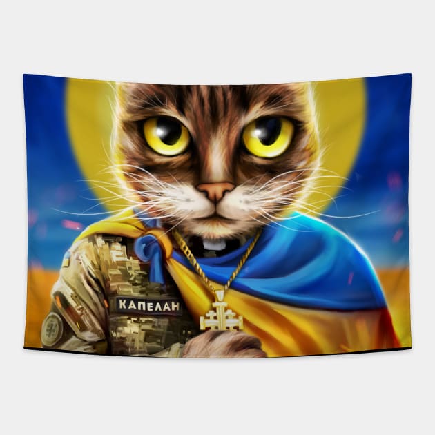 Ukrainian military chaplain with national flag Tapestry by Marysha_art