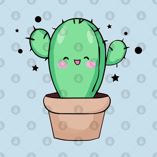 Happy smiling baby cactus in vase with stars. Kawaii cartoon by SPJE Illustration Photography