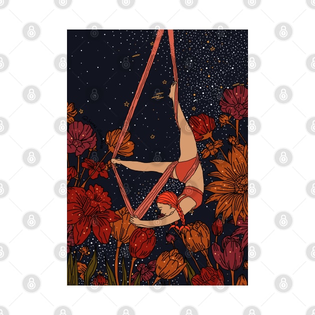 Aerial Yoga Girl Flower Cosmic Galaxy by Sierraillustration