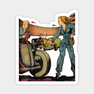 Beautiful Female Motorist Mechanic Vintage Wheels Blonde Girl Retro Comic Magnet